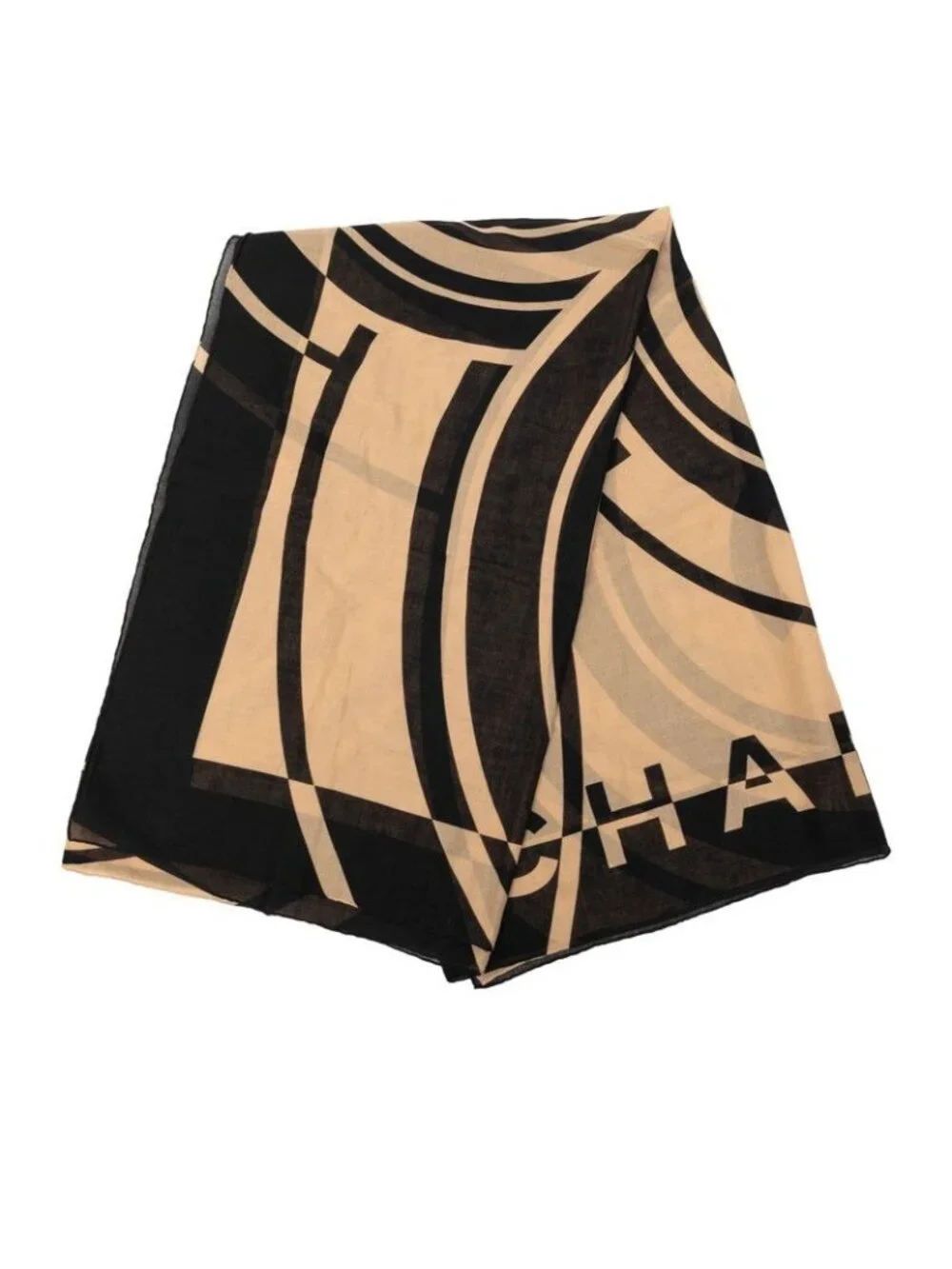 Chanel CC Logo Scarf Shawl Beige Black Cotton